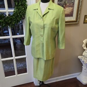 Jennifer West Lime 100% Silk Vneck Dress 3/4 Sleeve Jacket Set FullyLined 14 EUC